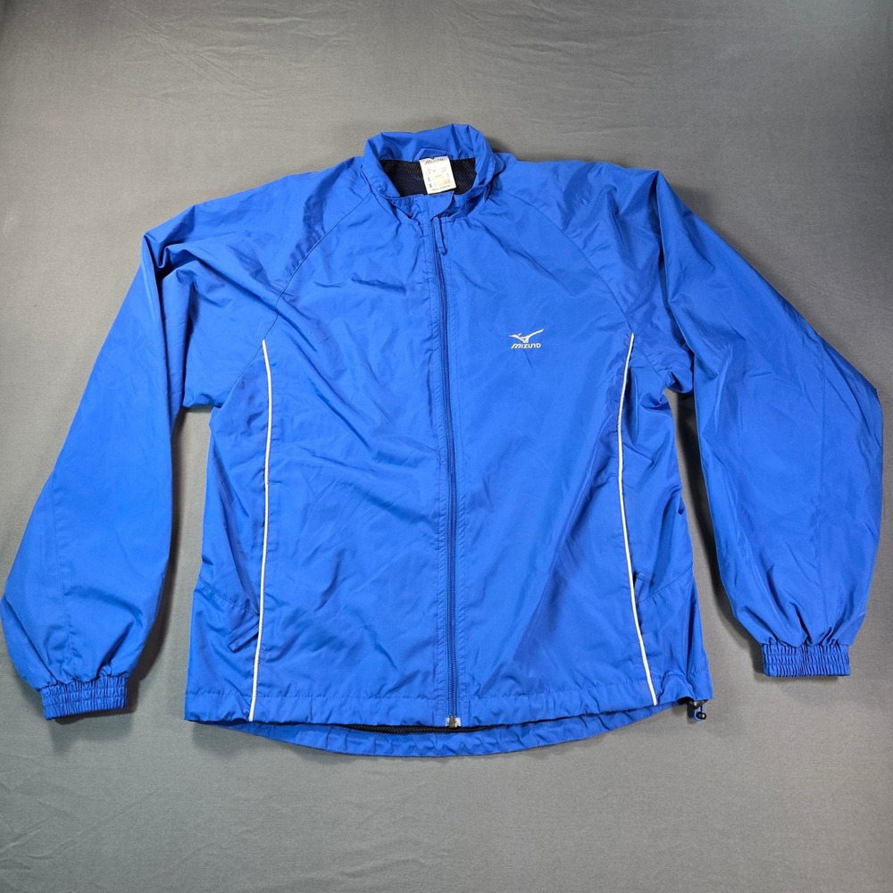 Mizuno Mens Blue Full Zip Windbreaker Jacket Mesh Lined White Piping Size Large